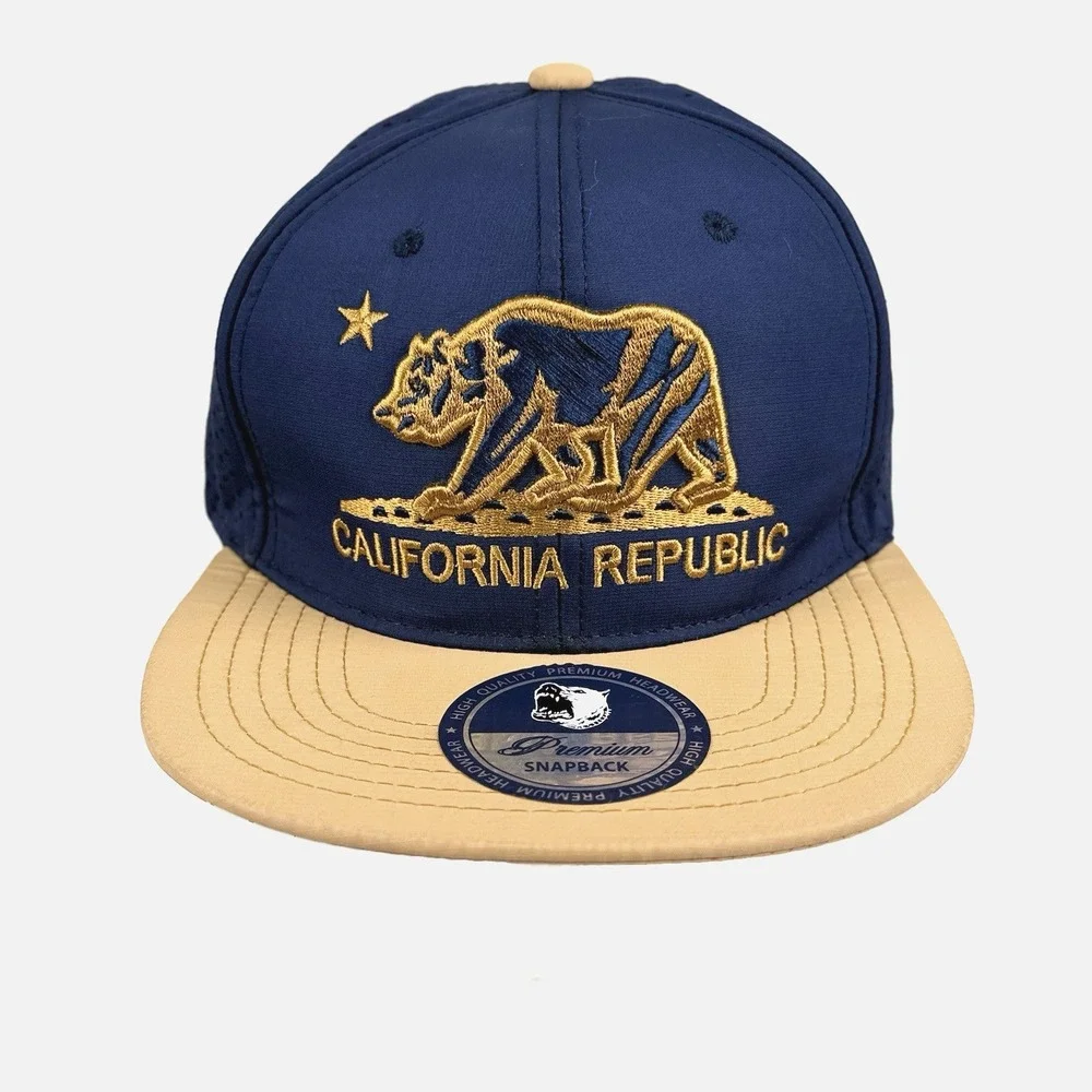 California Republic Bear Flat Brim Snapback Baseball Cap Hat Adult OS Blue Gold
